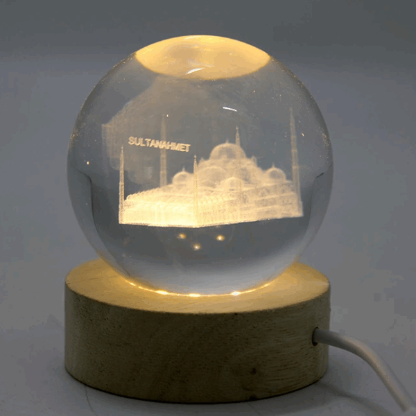 3d Kristal Cam Küre Ahşap Soketli İstanbul Temalı Led Lamba Aalk2574