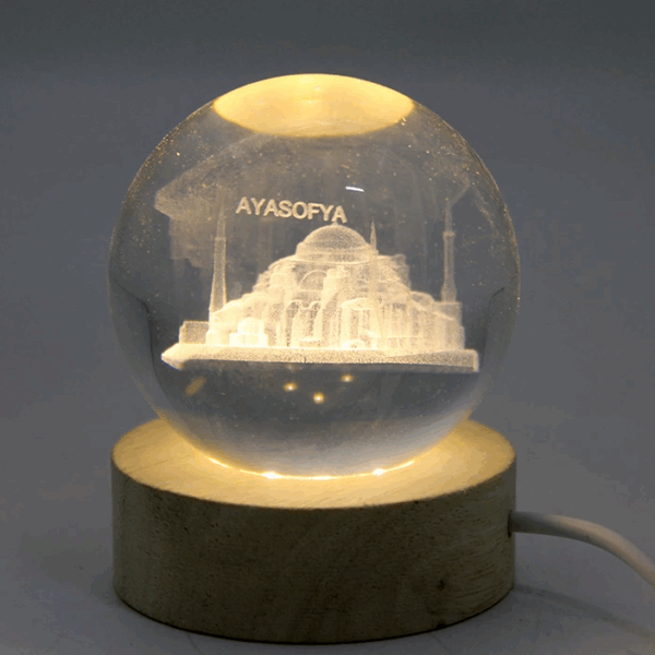 3d Kristal Cam Küre Ahşap Soketli İstanbul Temalı Led Lamba Alk2573