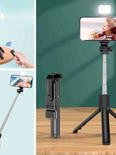 Kendiliğinden Işıklı Masaüstü Tripod Olabilen Telefon Tutuculu Kablosuz Kumandalı Selfie Çubuğu