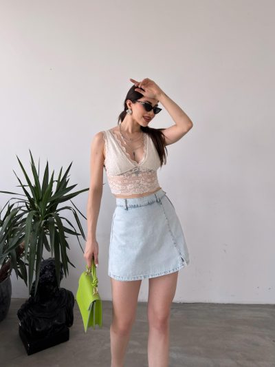 Yırtmaç Detaylı Denim Şort Etek