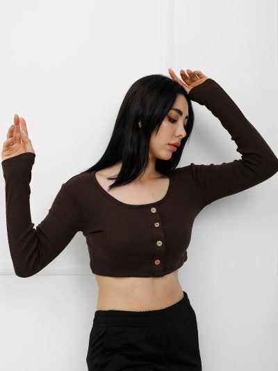 Düğmeli Mini Crop Bady Kahve - P