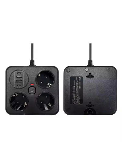 Akım Korumalı Anahtarlı Priz - 3x Priz - 2x Usb - 2x Type-c - 2 Mt Kablo Hızlı Şarj Özellikli Siyah