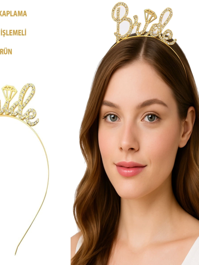Altın Renkli Taşlı Bride Gelin Tacı El Yazısı Yazı Tipiyle