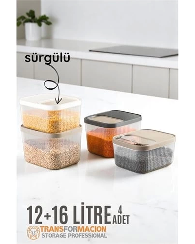 Erzak Bakliyat Kutusu Sürgülü Kapak Saklama Kabı 12 Ve 16 Litre 4 Lü