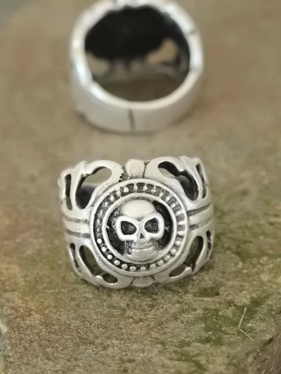 Eskitme Gümüş Renk Metal Kuru Kafa Tasarım Ayarlamalı Erkek Yüzük