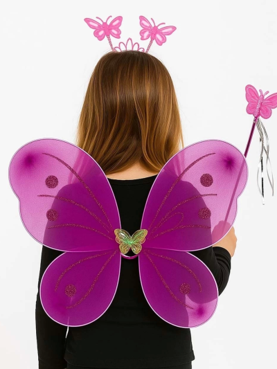 Fuşya Kelebek Kız Seti 50 Cm Kelebek Kanadı, Taç Ve Asa