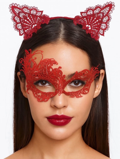Gizemli Kırmızı Dantel Maske Ve Taç Seti 1 No - Kostüm Seti