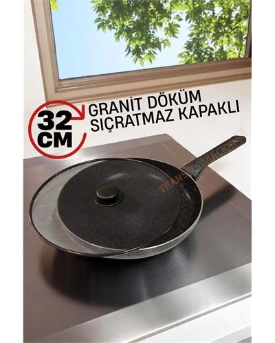 Granit Döküm Tava Yağ Sıçratmaz Kapaklı -yapışmaz Taban 32 Cm