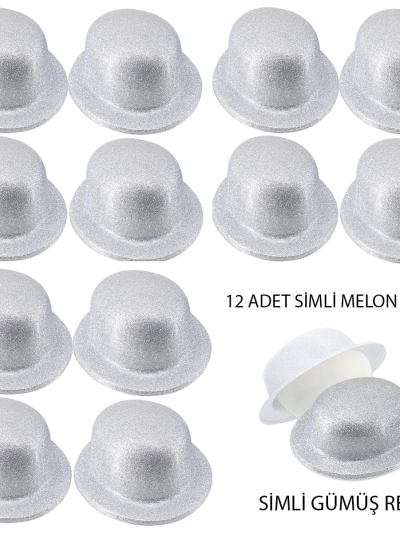Gümüş Renk Simli Melon Yulak Parti Şapkası 12 Adet