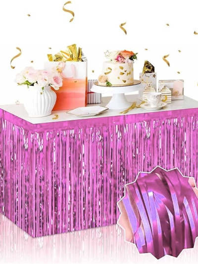 Kendinden Yapışkanlı Pembe Metalize Püsküllü Masa Eteği 75 X 275 Cm Parti Süslemesi