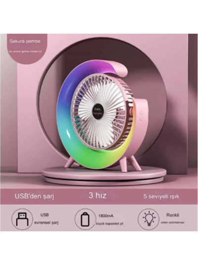 Masaüstü Vantilatör Usb Şarjlı Rgb Led Işıklı 3 Kademeli 180 Ayarlanabilir Soğutucu Fan Pembe
