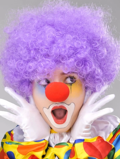 Mor Renk Kıvırcık Afro Bonus Peruk Takma Saç Ve Kırmızı Burun Seti