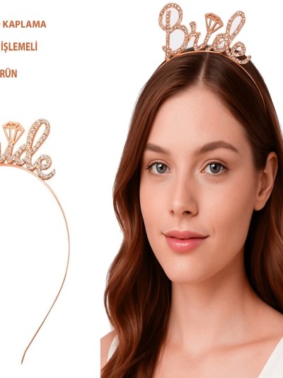 Rose Gold Renkli Taşlı Bride Gelin Tacı El Yazısı Yazı Tipiyle