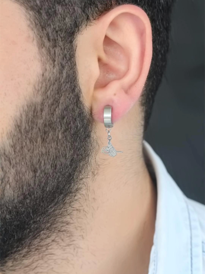 Silver Renk Kaplama Osmanlı Tuğra Figürlü Kıstırmalı Çelik Erkek Küpe